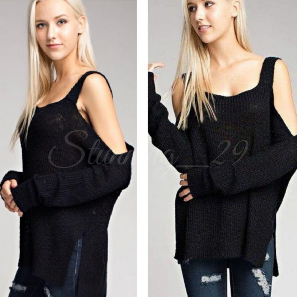 🆕️ BLACK COLD SHOULDER KNIT SWEATER